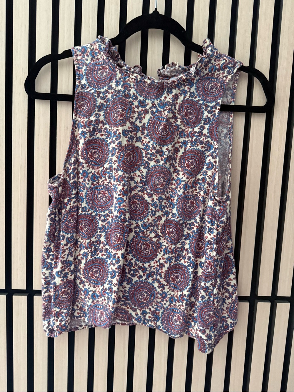 J. Crew Sleeveless Paisley Ruffle-Neck Tank - White, Blue & Red